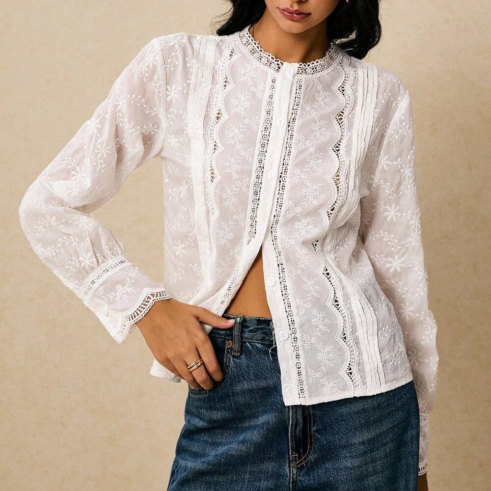 White Boho Women's Elegant Long Sleeve Blouse - Picture 7 of 7